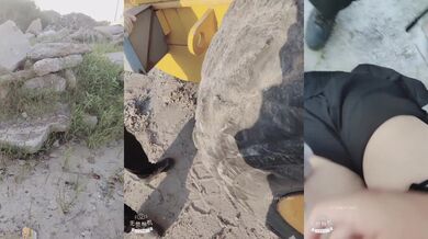 少妇户外勾引：哎师傅，这么热的天气，这是什么机器，压路机么，我来陪陪你吧，我做直播的，你看你都硬了